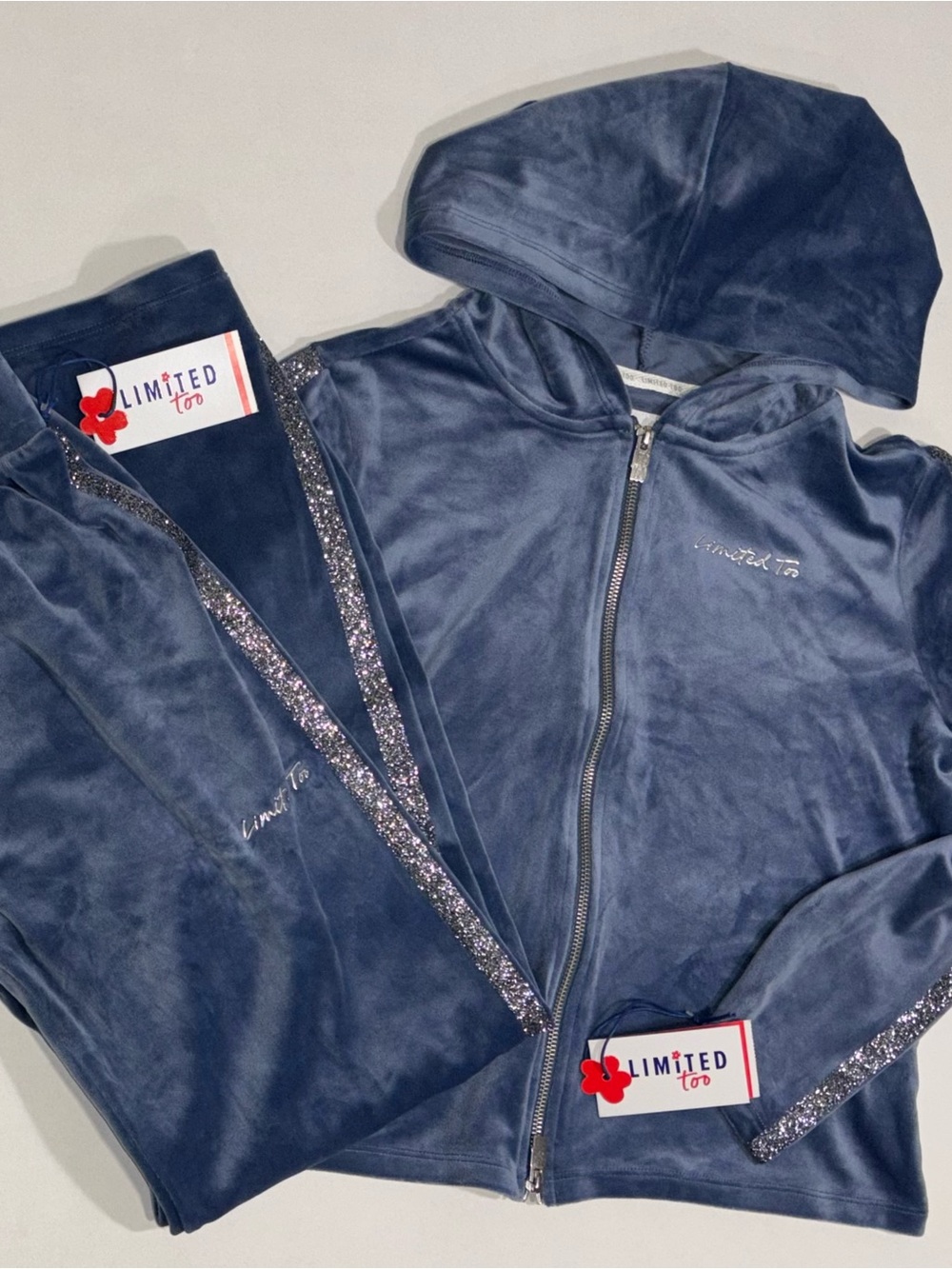 Limited Too Blue Velour 2-Piece Tracksuit Set Full Zip Hooded Hoodie & Pants XL